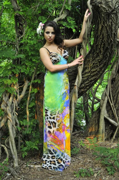 Beautiful brunette model posing pretty at tropical jungle wearing designers colorful dress — Stock Photo, Image