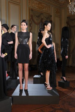 new york - 6 Şubat: modelleri nyc 6 Şubat 2013 tarihinde ny yılında Rus federasyon başkonsolosluk içinde rusça moda endüstrisi resepsiyon sonbahar kış 2013 statik sunumda pozlar.