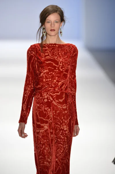 New york, ny-Şubat 07: manken tadashi shoji collection sonbahar kış 2013 mercedes-benz moda haftası üzerinde 07 Şubat 2013 yılında nyc için pist yürür.