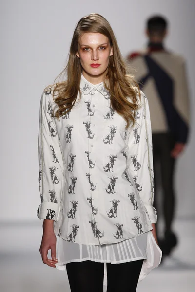 뉴욕, 뉴욕-2 월 7: 모델 뉴욕시에서 메르세데스-벤츠 패션 위 크 링컨 센터에서 스튜디오에서 2013 년 2 월 7 일에 동안 2013 패션쇼 세르지오 davila가을에 활주로 걷고. — 스톡 사진