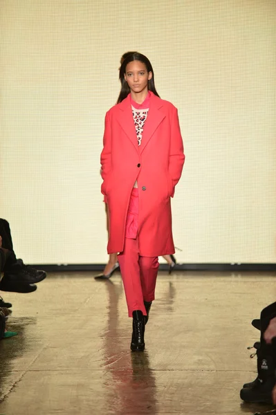 NEW YORK, NY - FEBRUARY 10: A model walks the runway at the DKNY Fall Winter 2013 fashion show during Mercedes-Benz Fashion Week on February 10, 2013, NYC. — Stock Photo, Image