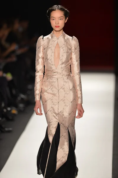 NUEVA YORK, NY - 11 DE FEBRERO: Una modelo camina el final de la pasarela en el desfile de moda Caroline Herrera Otoño Invierno 2013 durante la Semana de la Moda Mercedes-Benz el 11 de febrero de 2013, Nueva York . — Foto de Stock