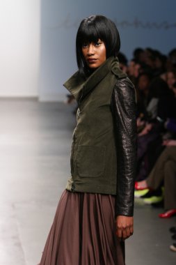 New york - 13 Şubat: model tess için pist yürür 13 Şubat 2013 tarihinde nolcha moda haftasında johnson koleksiyonu new york City-pier 59 Studios