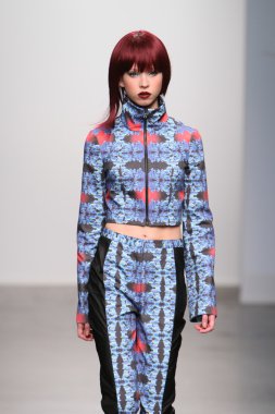 New york - 13 Şubat: model tess için pist yürür 13 Şubat 2013 tarihinde nolcha moda haftasında johnson koleksiyonu new york City-pier 59 Studios