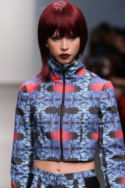 New york - 13 Şubat: model tess için pist yürür 13 Şubat 2013 tarihinde nolcha moda haftasında johnson koleksiyonu new york City-pier 59 Studios