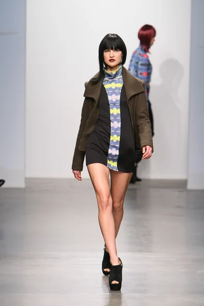 NOVA IORQUE - FEVEREIRO 13: Modelo caminha pista para coleção Tess Johnson no Pier 59 estúdios durante Nolcha Fashion Week em fevereiro 13, 2013 em Nova York — Fotografia de Stock