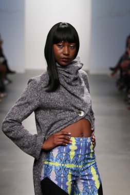 New york - 13 Şubat: model tess için pist yürür 13 Şubat 2013 tarihinde nolcha moda haftasında johnson koleksiyonu new york City-pier 59 Studios