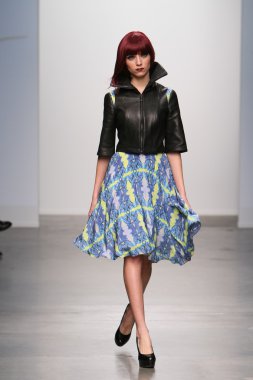 New york - 13 Şubat: model tess için pist yürür 13 Şubat 2013 tarihinde nolcha moda haftasında johnson koleksiyonu new york City-pier 59 Studios