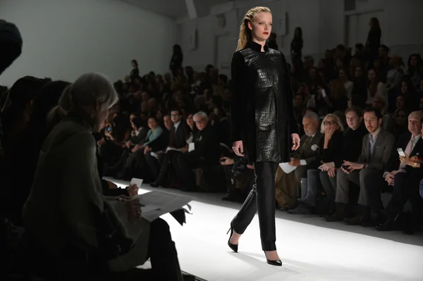 New york - 08 februari: modellen loopt de start-en landingsbaan-finale op de carmen marc valvo val 2013 fashion show tijdens de mercedes-benz fashionweek op 8 februari 2013 in new york city. — Stockfoto