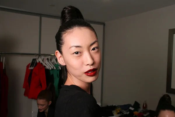 NUEVA YORK - 10 DE FEBRERO: Un modelo posando entre bastidores para la colección Victor de Souza en el hotel Strand durante la Semana de la Moda Mercedes-Benz el 10 de febrero de 2013 en la ciudad de Nueva York —  Fotos de Stock