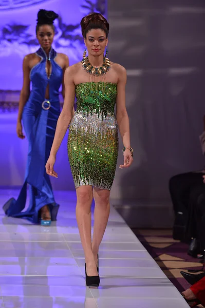 NUEVA YORK - 17 DE FEBRERO: Una modelo camina por la pasarela de la colección Lourdes Atencio en el Hotel New Yorkek durante la Semana de la Moda Couture el 17 de febrero de 2013 en la ciudad de Nueva York — Foto de Stock