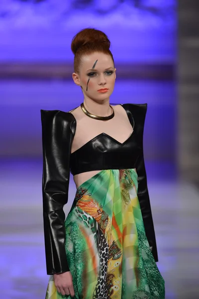 НЬЮ-ЙОРК - 15 ФЕВРАЛЯ: Модель ходит по модной подиумной дорожке Тайрелла Мейсона в отеле "Нью-Йоркер" во время Недели моды в Нью-Йорке 15 февраля 2013 года — стоковое фото