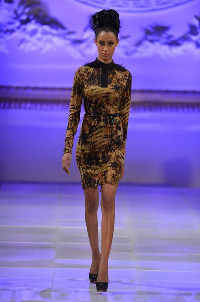 НЬЮ-ЙОРК - 15 ФЕВРАЛЯ: Модель ходит по модной подиумной дорожке Тайрелла Мейсона в отеле "Нью-Йоркер" во время Недели моды в Нью-Йорке 15 февраля 2013 года — стоковое фото