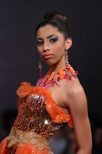 NOVA IORQUE - FEVEREIRO 17: Um modelo caminha na pista de moda Lourdes Atencio no The New Yorker Hotel durante a Couture Fashion Week em 17 de fevereiro de 2013 em Nova York — Fotografia de Stock