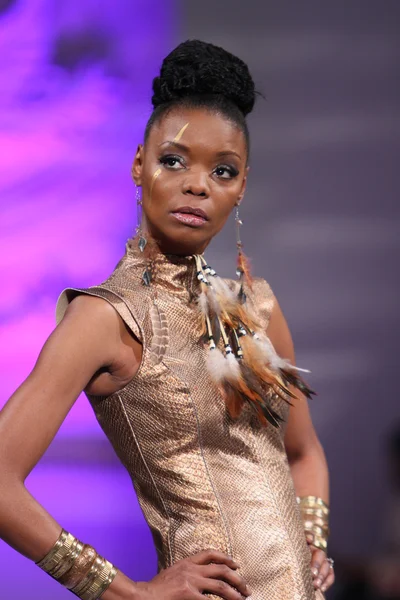 NUEVA YORK - 17 DE FEBRERO: Una modelo camina por la pasarela de la colección Tyrell Mason en el New Yorker Hotel durante la Semana de la Moda Couture el 17 de febrero de 2013 en la ciudad de Nueva York — Foto de Stock