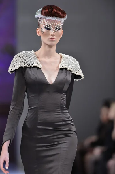 New york - 16 Şubat: andres üzerinde bir model yürür aquino moda pist üzerinde 16 Şubat 2013 couture moda haftası sırasında new yorker Hotel new york City — Stok fotoğraf