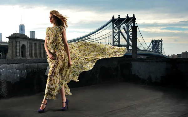 セクシー、身に着けている長いイブニング ドレス屋上上金属橋建設の背景にポーズをとってファッション モデル — ストック写真