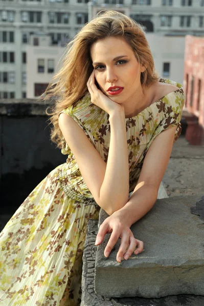 Retrato de modelo de moda posando sexy, vestindo vestido de noite longa no telhado localização — Fotografia de Stock