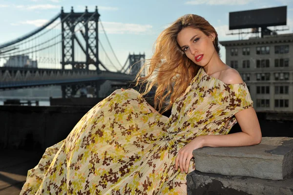 Portret van fashion model poseren sexy, lange avond jurk dragen op dak locatie met metalen bruggenbouw op achtergrond — Stockfoto