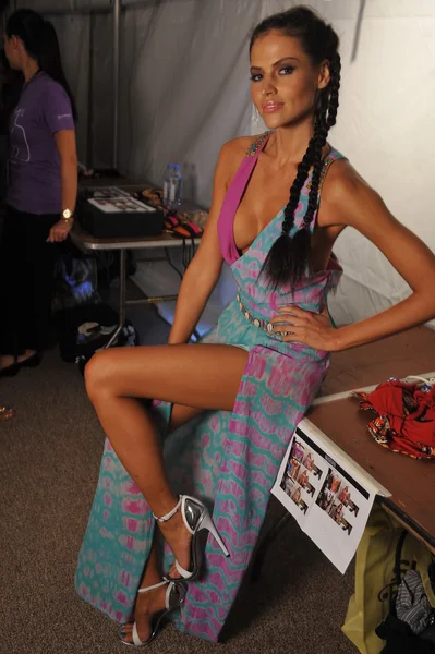 Models getting ready for the show at the Agua Di Lara 2014 Collection backstage during Mercedes-Benz Swim Fashion Week — Stock Photo, Image