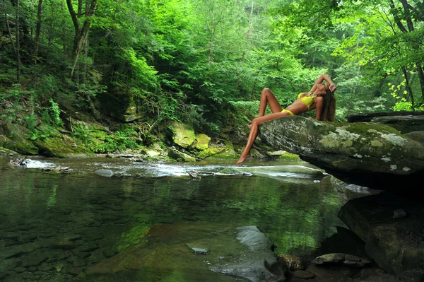 Sexy young woman posing in designer bikini at exotic location — Stock Photo, Image