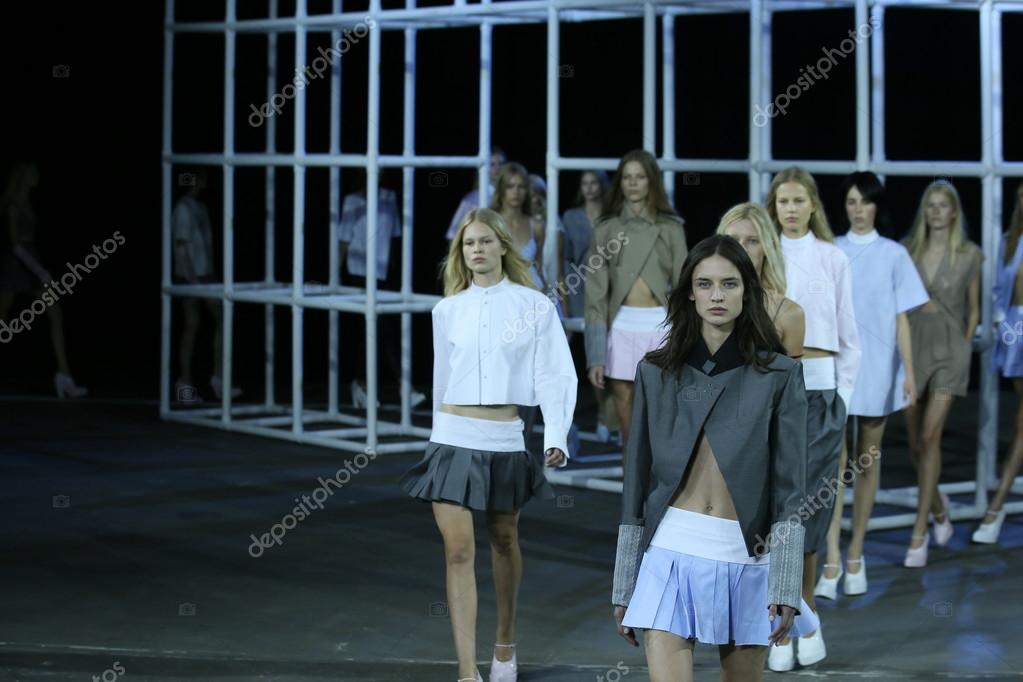 NEW YORK, NY - SEPTEMBER 07: Models walk the runway finale at the Alexander Wang Spring 2014 fashion show during Mercedes-Benz Fashion Week at Pier 94 in New York City on September 7, 2013 .