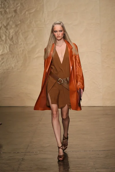 Model loopt de start-en landingsbaan op donna karan show — Stockfoto