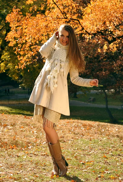 Όμορφη κομψή γυναίκα να στέκεται σε ένα φθινοπωρινό πάρκο — Φωτογραφία Αρχείου