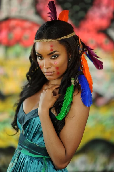 Beautiful indian cherokee woman with feathers — Stock Photo, Image