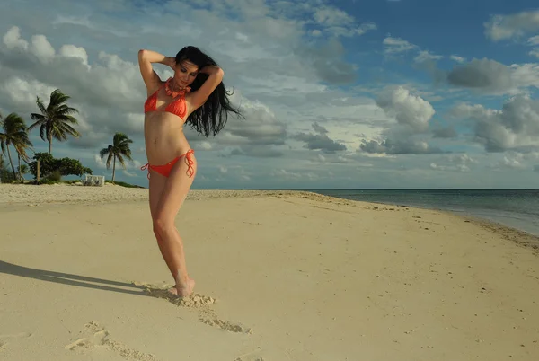 Brune sexy en bikini à la plage — Photo
