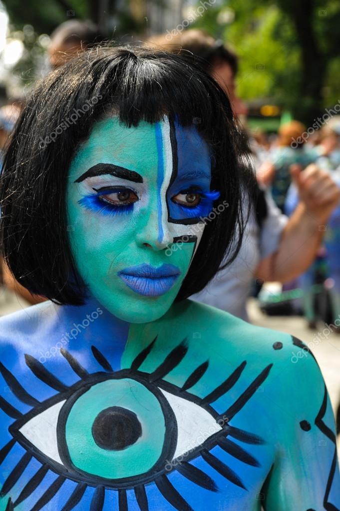 Nude artists during first official Body Painting Event Stock