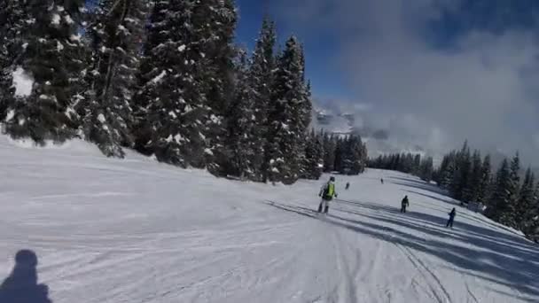 Fantastisk Skidåkning Med Vänner Vacker Vinterdag Soligt Väder — Stockvideo