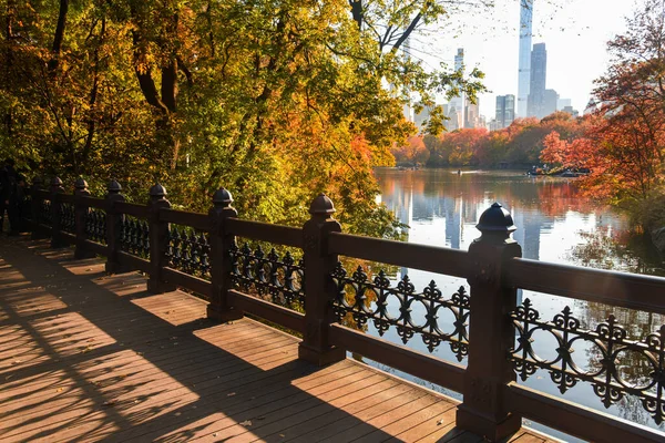 Pohled Oak Bridge Central Parku New Yorku Krásný Slunečný Podzimní — Stock fotografie