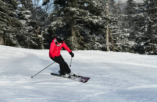 Esquiadora Una Ladera Las Montañas Hermoso Día Invierno Soleado — Foto de Stock