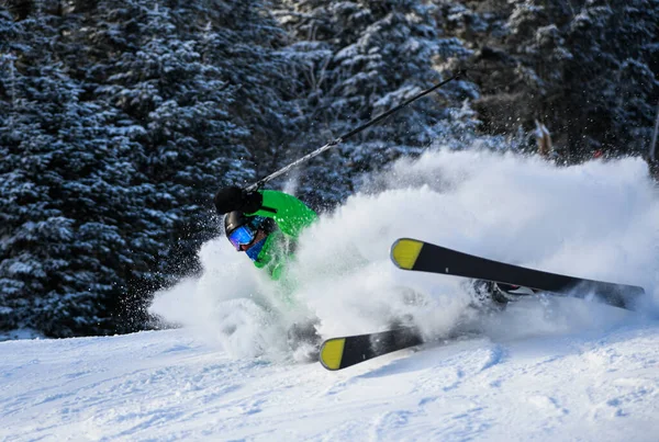 Male Skier Bright Outfit Skiing Downhill Fresh Powder Snow Motion — Stock Photo, Image