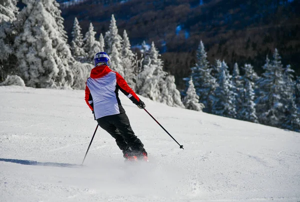 Skiing Beautiful Winter Sunny Day Amazing Conditions Fresh Powder Snow — Stock Fotó