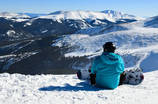 Snowboarder Sitting Top Peak Breckenridge Ski Resort Colorado Active Lifestyle — Stock Photo, Image