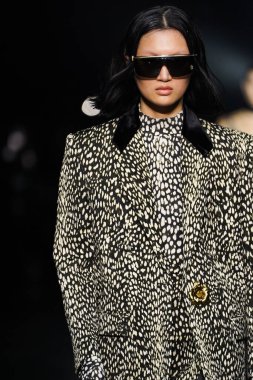 MILAN, ITALY - FEBRUARY 23: A model walks the runway at the Roberto Cavalli fashion show during the Milan Fashion Week Fall/Winter 2022/2023 on February 23, 2022 in Milan, Italy.