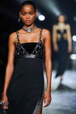 MILAN, ITALY - FEBRUARY 23: A model walks the runway at the Roberto Cavalli fashion show during the Milan Fashion Week Fall/Winter 2022/2023 on February 23, 2022 in Milan, Italy.