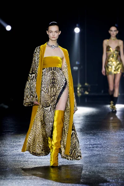 Milan Italy February Model Walks Runway Roberto Cavalli Fashion Show — 스톡 사진