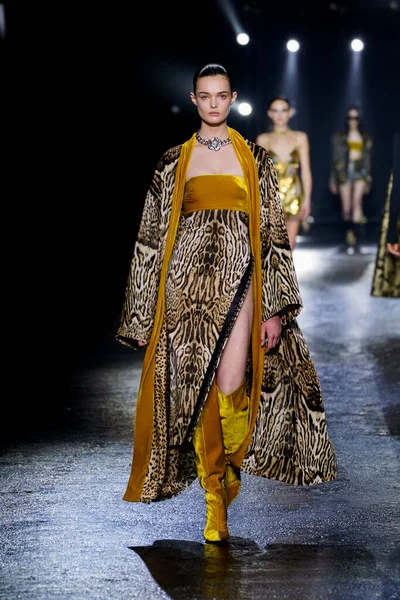 Milão Itália Fevereiro Modelo Caminha Passarela Desfile Roberto Cavalli Durante — Fotografia de Stock