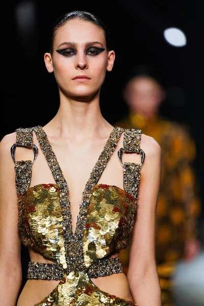 Milan Italy February Model Walks Runway Roberto Cavalli Fashion Show — Zdjęcie stockowe