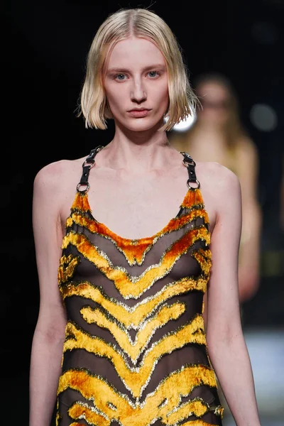 MİLAN, İTALYA 23 Şubat 2022 'de Milan Moda Haftası / Kış 2023' te İtalya 'nın Milano kentinde Roberto Cavalli defilesinde bir model podyumda yürüyor..