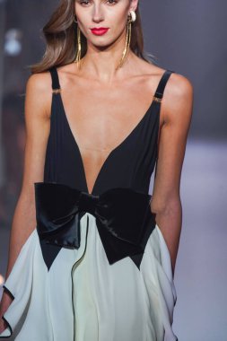 MILAN, ITALY - FEBRUARY 25: A model walks the runway at the Elisabetta Franchi fashion show during the Milan Fashion Week Fall/Winter 2022/2023 on February 25, 2022 in Milan, Italy.