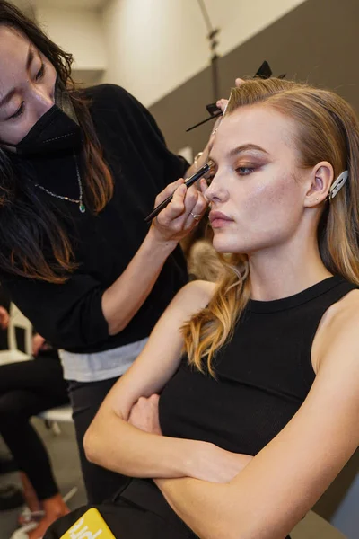 Milan Italy February Model Getting Ready Backstage Elisabetta Franchi Fashion — Stock Photo, Image