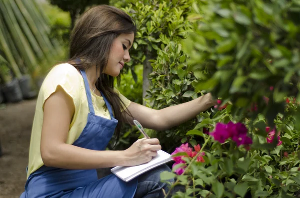 Jardineiro bonito do sexo feminino fazendo inventário — Fotografia de Stock