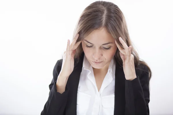 Frustratie. gefrustreerd en jonge zakenvrouw in pak benadrukt. — Stockfoto