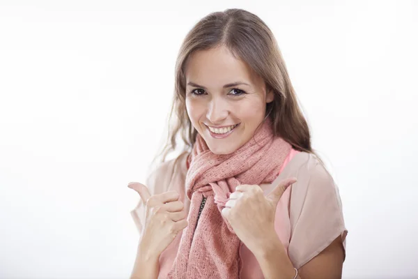 Glad kvinna händer poserar ok tecken — Stockfoto