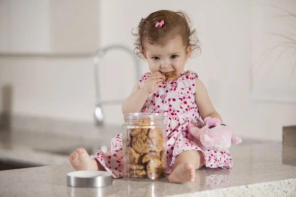 Grappig meisje eet havermout koekjes — Stockfoto