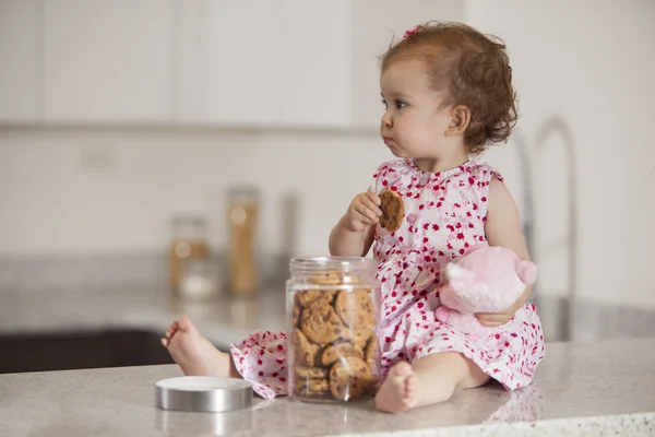 Grappig meisje eet havermout koekjes — Stockfoto